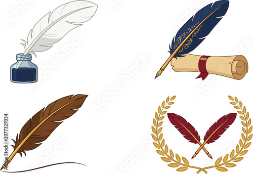 Vintage literature and writing vector set featuring quill feather pens with inkwell bottle paper scroll roll and golden laurel wreath frame isolated on white background