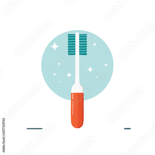 Flat icon of electric toothbrush with teal bristles and orange handle