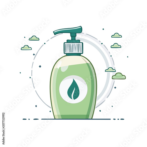 Green soap dispenser with leaf icon and clouds