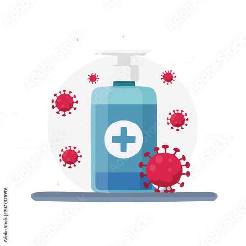 Hand sanitizer bottle with virus icons flat vector illustration