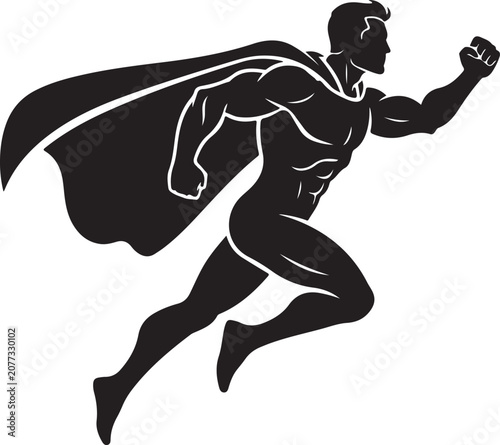 Black silhouette of a running superhero with cape