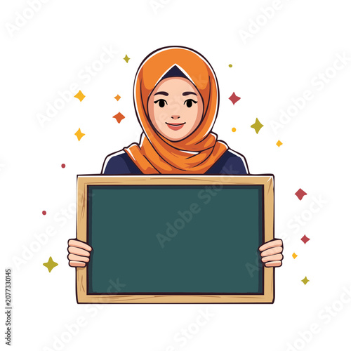 Smiling woman in hijab holding blank chalkboard illustration
