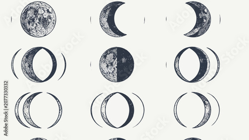 Vászonkép Vintage moon phases vector set with linocut texture and lunar cycle