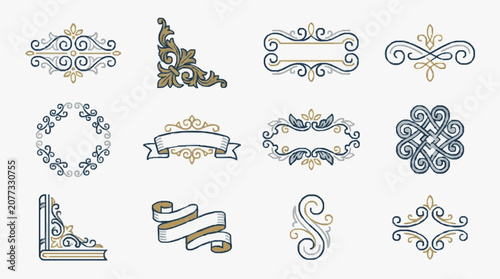 Dynamic Elegant Gold and Navy Ornamental Decorative Designs Collection for Digital Art and Print Projects