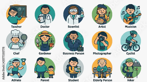 Elegant Colorful Illustrated Icons Set Showcasing Diverse Professions and Lifestyles with Playful Characters