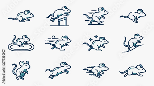 Creative Set of 12 Playful Blue Grey Line Art Mice Icons Showcasing Various Dynamic Actions and Positions