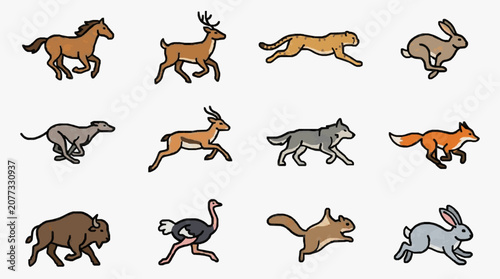 Creative Set of 12 Colorful Running Forest Animals Illustrations Featuring Horse Deer Rabbit Fox Wolf and More