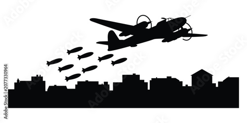 Quadro su tela World War II Bomber Silhouette Releasing Payload Over Coastline in Dramatic Wart