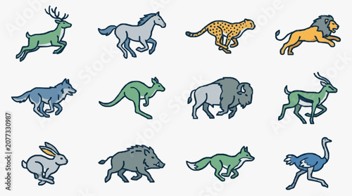 Industrial Style Set of 12 Colorful Running Wildlife and Animals Icons with high quality professional line art symbols for modern creative design and digital branding projects