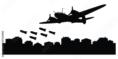 Quadro su tela World War II Bomber Silhouette Flying Over Coastline with Historic Military Avia