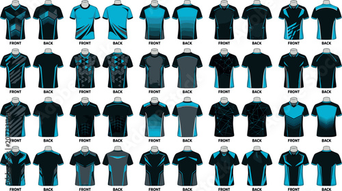 Sports t-shirt vector mockup template collection featuring blank jersey designs with dynamic blue and black geometric sublimation patterns for active sportswear (23 words)