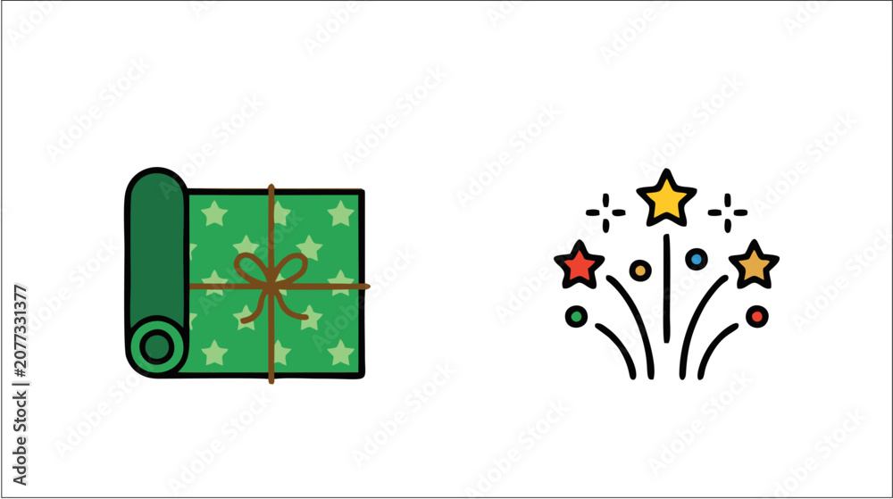 Obraz premium Gift Wrapping Roll and Celebration Fireworks Icon Set