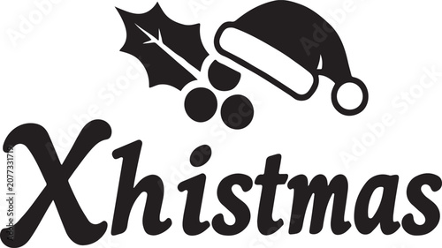 Black christmas icon with santa hat and holly