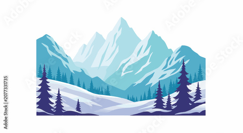 Blue glacial mountain peaks illustration featuring snow-capped ridges, conifer forest silhouettes, and a winter valley landscape isolated on a white background for graphic design.