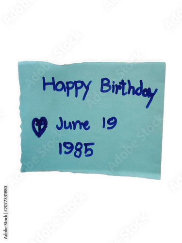 Handwritten happy birthday card with date june 19 1985 and heart symbol transparent background