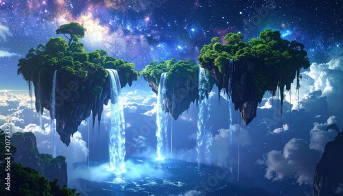 Floating Islands with Waterfalls and Clouds.