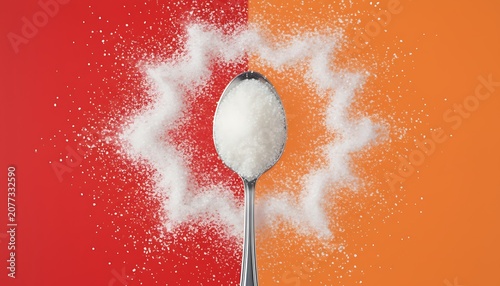 White granulated sugar on a spoon with vibrant red and orange split background