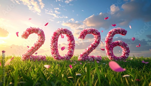 Floral 2026 New Year Celebration on Green Grass Field.