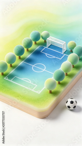 Isometric Blue Soccer Field Surrounded by Trees, Football on Sideline with Soft Gradient Background – For Fresh Park Sports & Mini Venue Design