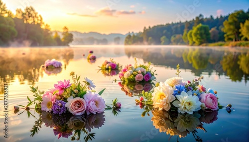 Floral Bouquets Floating on Serene Lake at Sunrise.