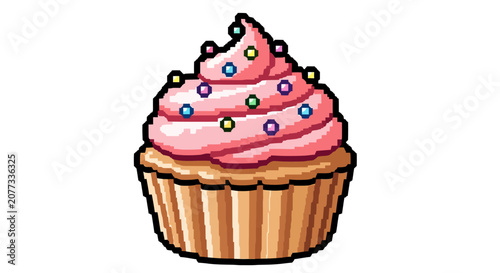 Colorful cupcake with pink frosting.