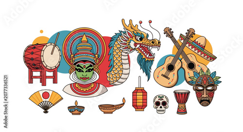 Colorful dragon and musical instruments.