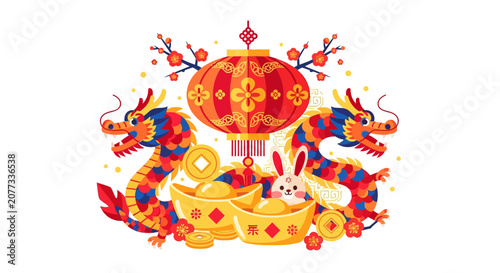 Colorful dragon and rabbit illustration.