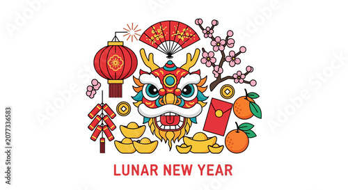 Colorful dragon head with festive decorations.