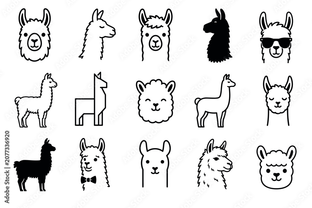 Fototapeta premium Llama and alpaca vector line icon set featuring cute cartoon characters, silhouettes, and geometric designs of South American camelids for creative graphic design projects