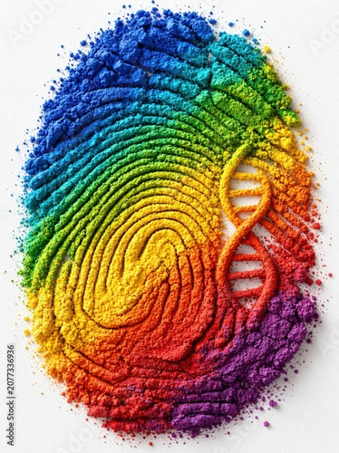 Vibrant fingerprint and DNA helix with rainbow powder