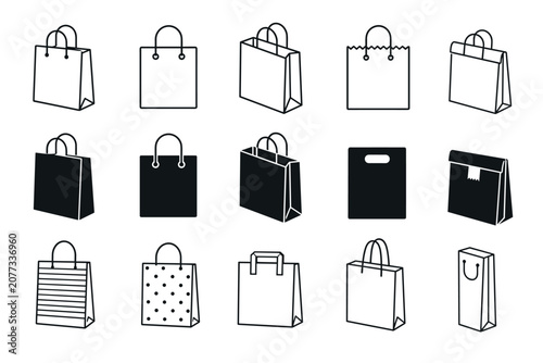 Shopping bag icons in various vector styles featuring paper gift bags with handles and patterns for retail commerce and online store packaging design