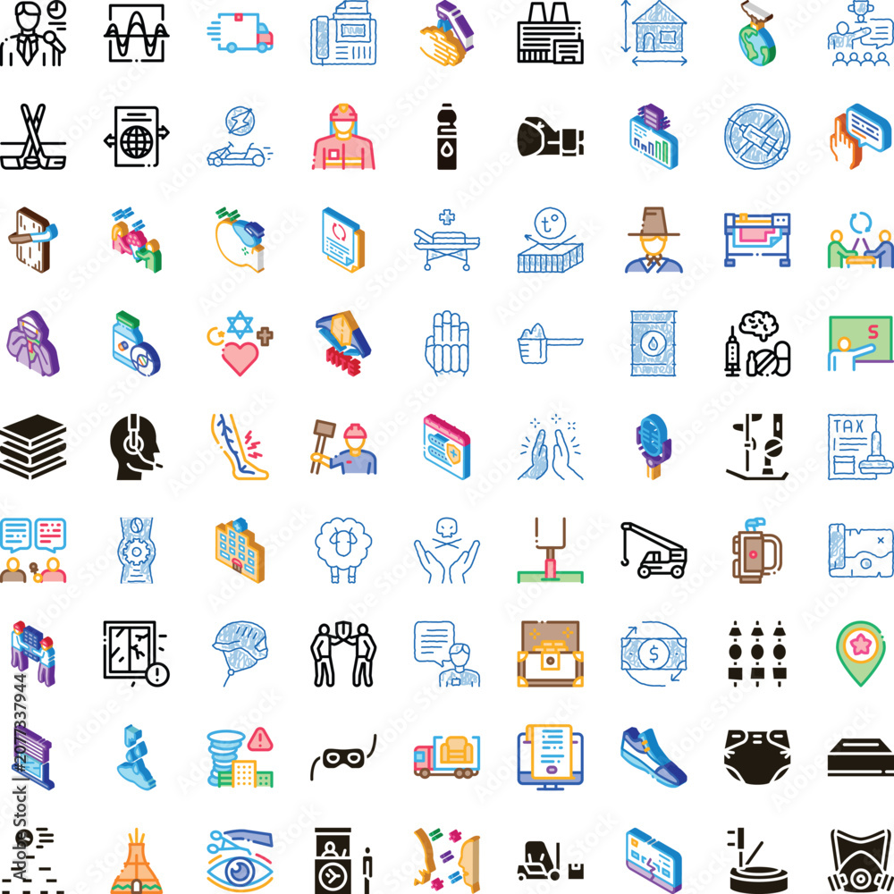 Fototapeta premium Colorful set of business and lifestyle icons illustrating finance, logistics, health, education, travel and technology concepts on a clean white background for web and print use
