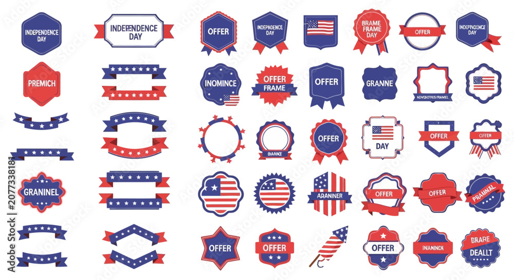 Fototapeta premium Patriotic Badges, American Flag Labels, Red White Blue Ribbons, USA Emblems, Vector Icons isolated on White Background 4th july, editable vector