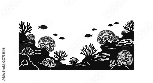 Stylized Underwater Coral Reef Scene with Fish.