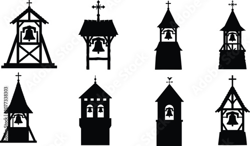 Church Bell Tower Silhouette Collection Set with Traditional Christian Architecture Vector Icons