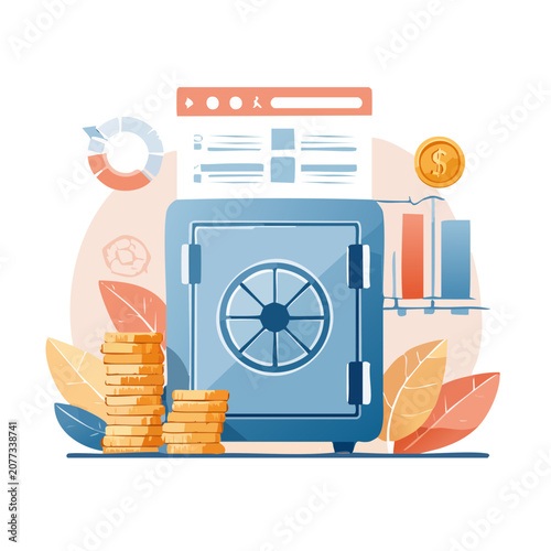 Flat illustration of a safe with coins and financial icons