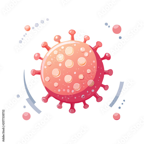 Flat illustration of a virus particle with scattered microbes
