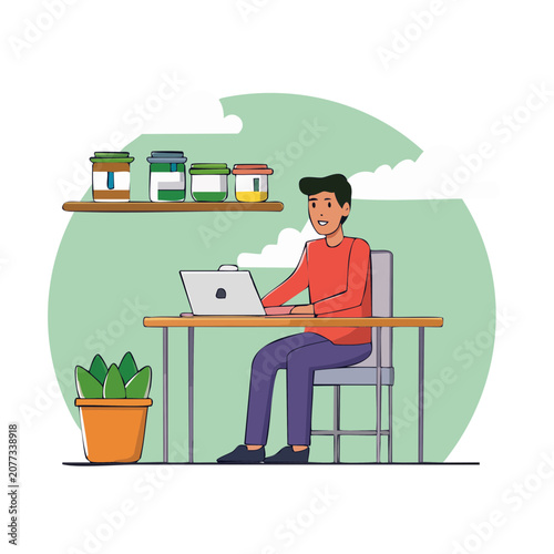 Man working on laptop at desk with plant and jars