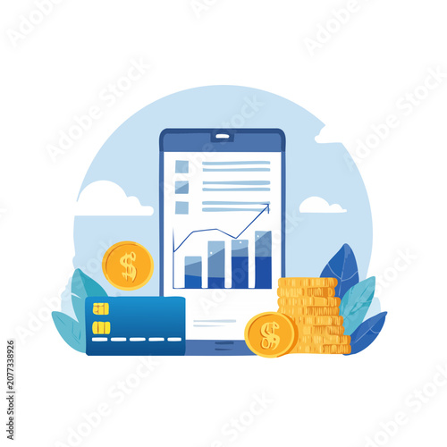 Mobile phone with financial chart and coins vector illustration