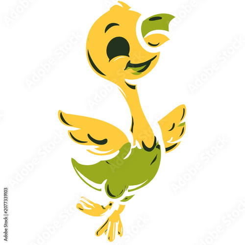 Yellow cartoon bird with green wings and tail