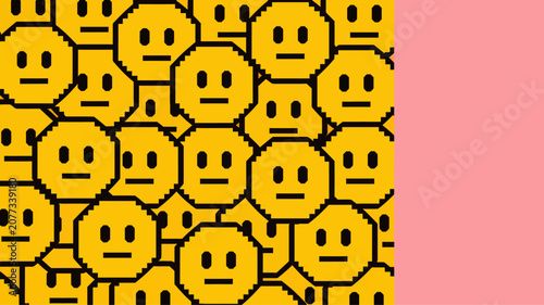 Schilderij op canvas A dense, pixelated assembly of identical yellow character faces forms a uniform,