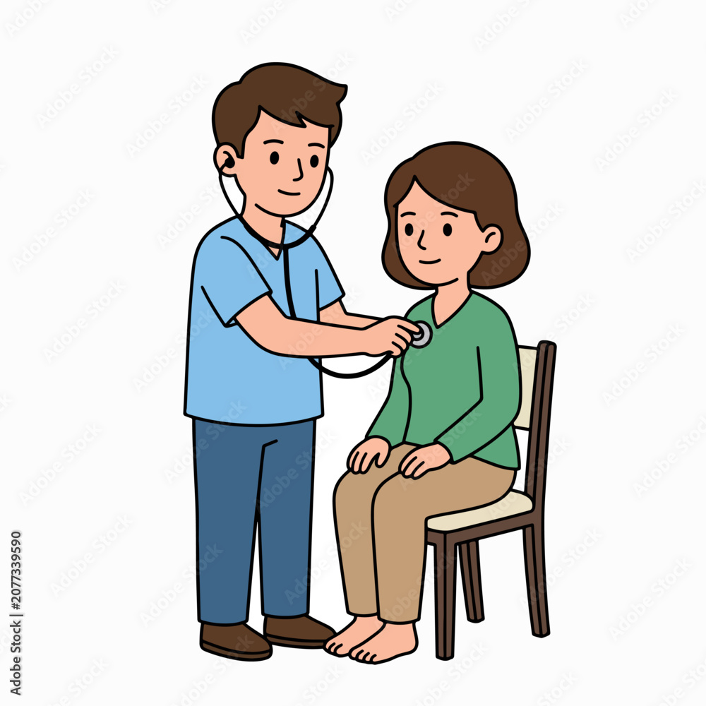 Fototapeta premium A cartoon illustration of a male doctor using a stethoscope on a seated female patient with a green shirt and brown hair, set against a plain white background. Perfect for healthcare