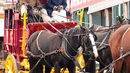 Fotografie Vintage Red Stagecoach with Horses and Passengers in Ballarat