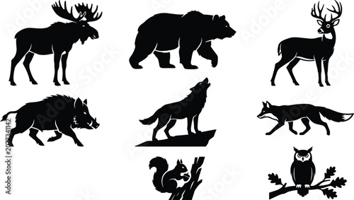 Canvas Print Wild Forest Animal Silhouette Collection Featuring Bear Wolf Deer Fox Moose Boar