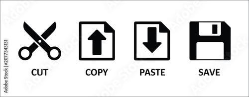 Foto Graphic editor toolbar icons, cut, copy, paste and save operation symbols, outlined document editing interface elements, file management tools, vector illustration isolated on white background