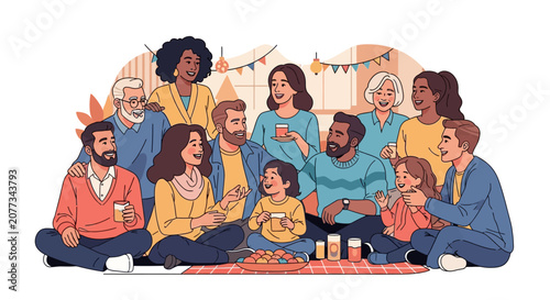 Diverse family and friends gathering together.