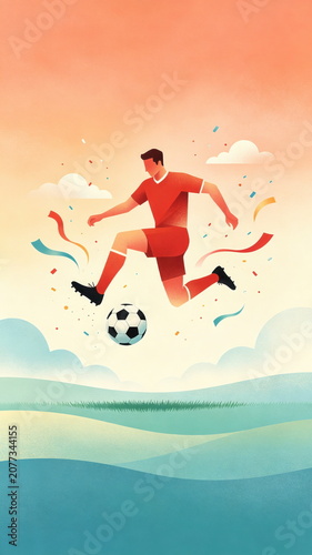 Flat Illustration of Male Soccer Player Kicking Ball Mid-Air, Confetti Streamers & Sunset Sky on Green Field – For Football Celebration & Sports Match Design