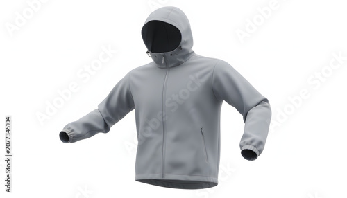 Grey hooded jacket with zipper closure.