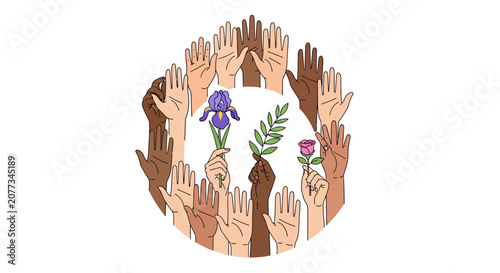 Diverse hands holding colorful flowers.