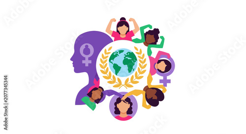 Diverse People Heads with Female Symbol.